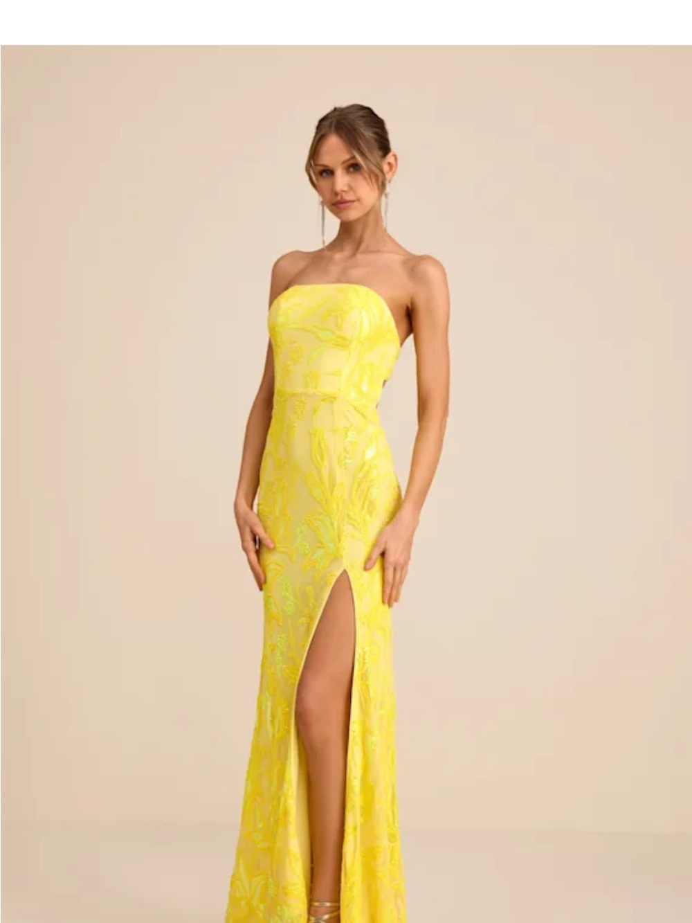 Lulu's Strapless Yellow Jacquard Evening Gown with High Slit
